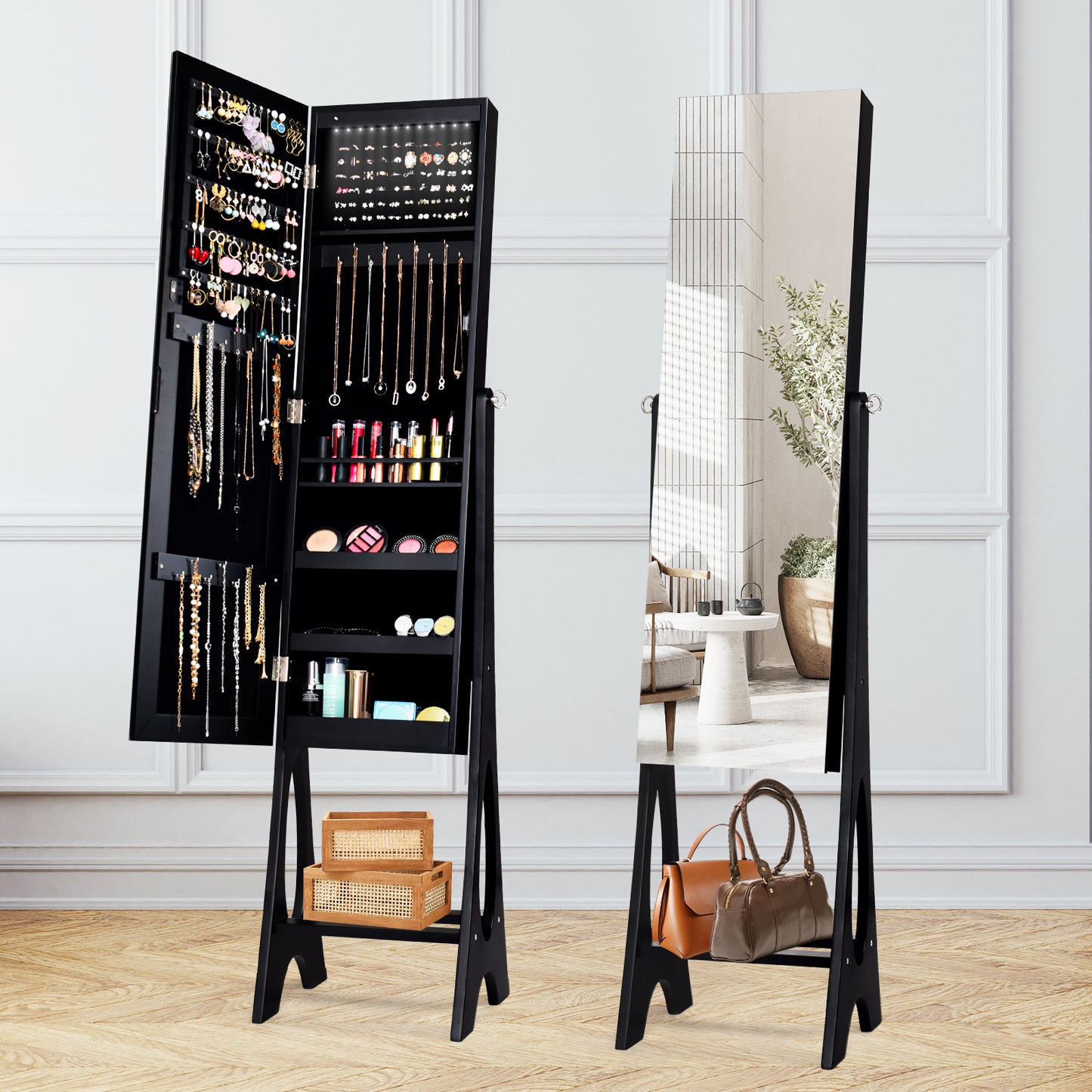 LED Jewelry Armoire with Full-Length Mirror and Storage