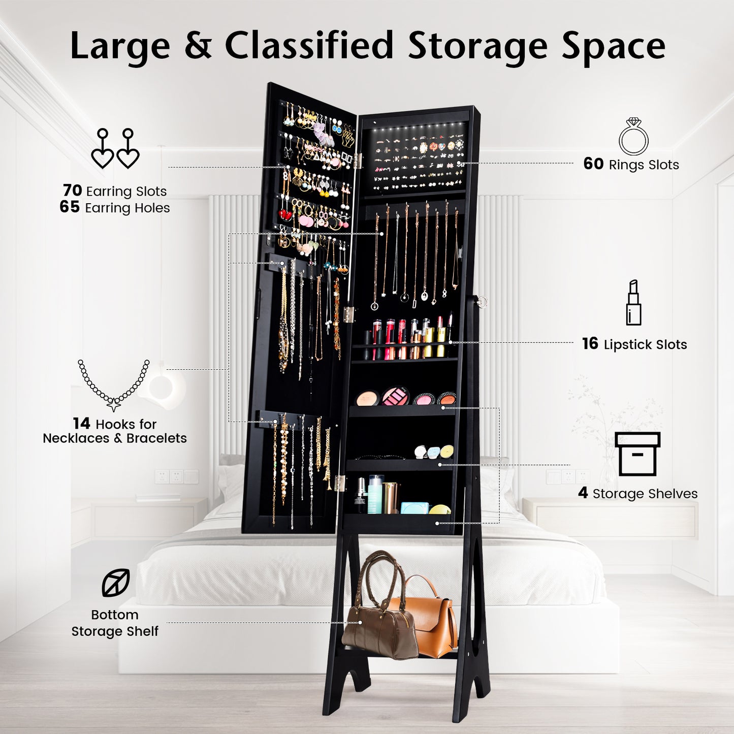 LED Jewelry Armoire with Full-Length Mirror and Storage