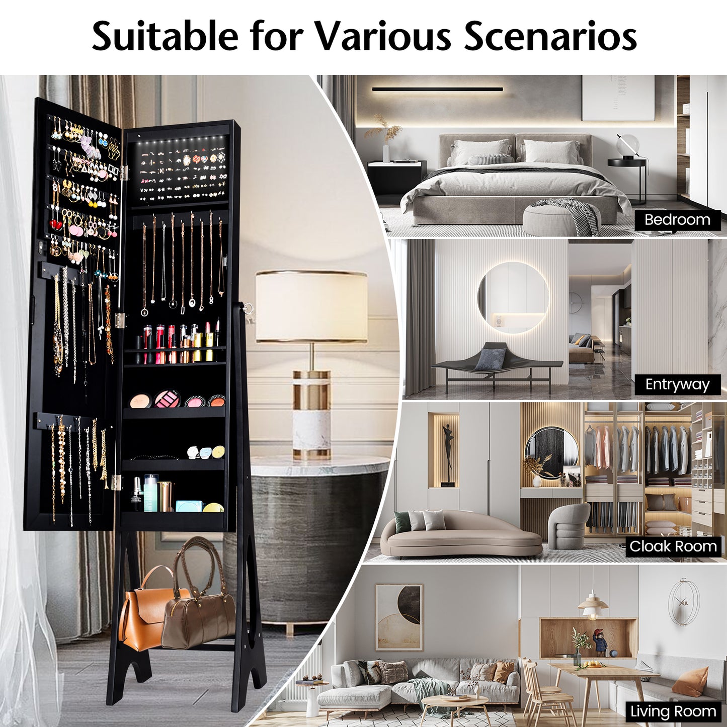 LED Jewelry Armoire with Full-Length Mirror and Storage