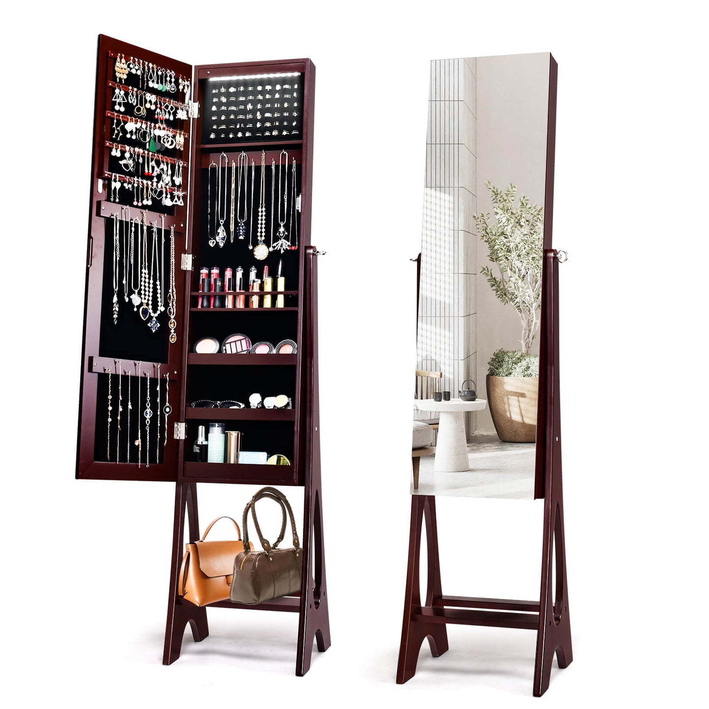 LED Jewelry Armoire with Full-Length Mirror and Storage