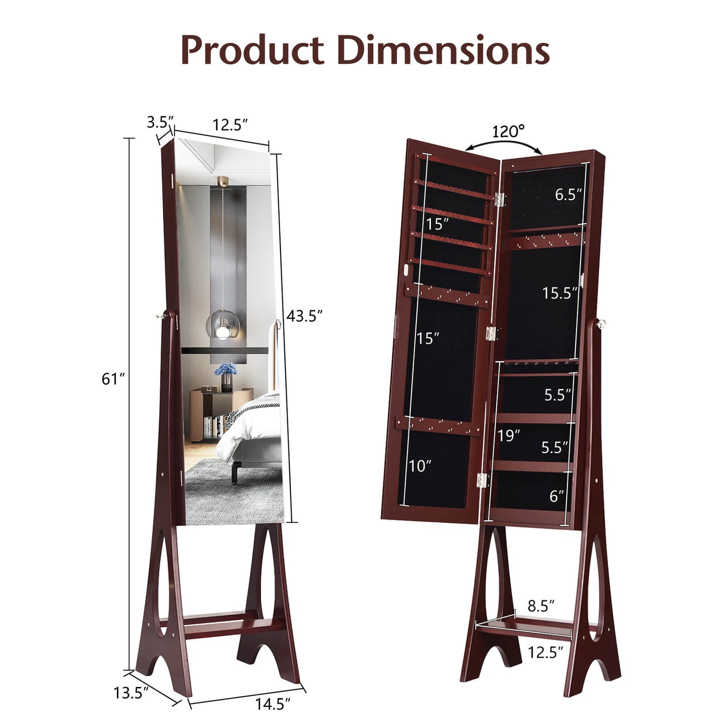 LED Jewelry Armoire with Full-Length Mirror and Storage