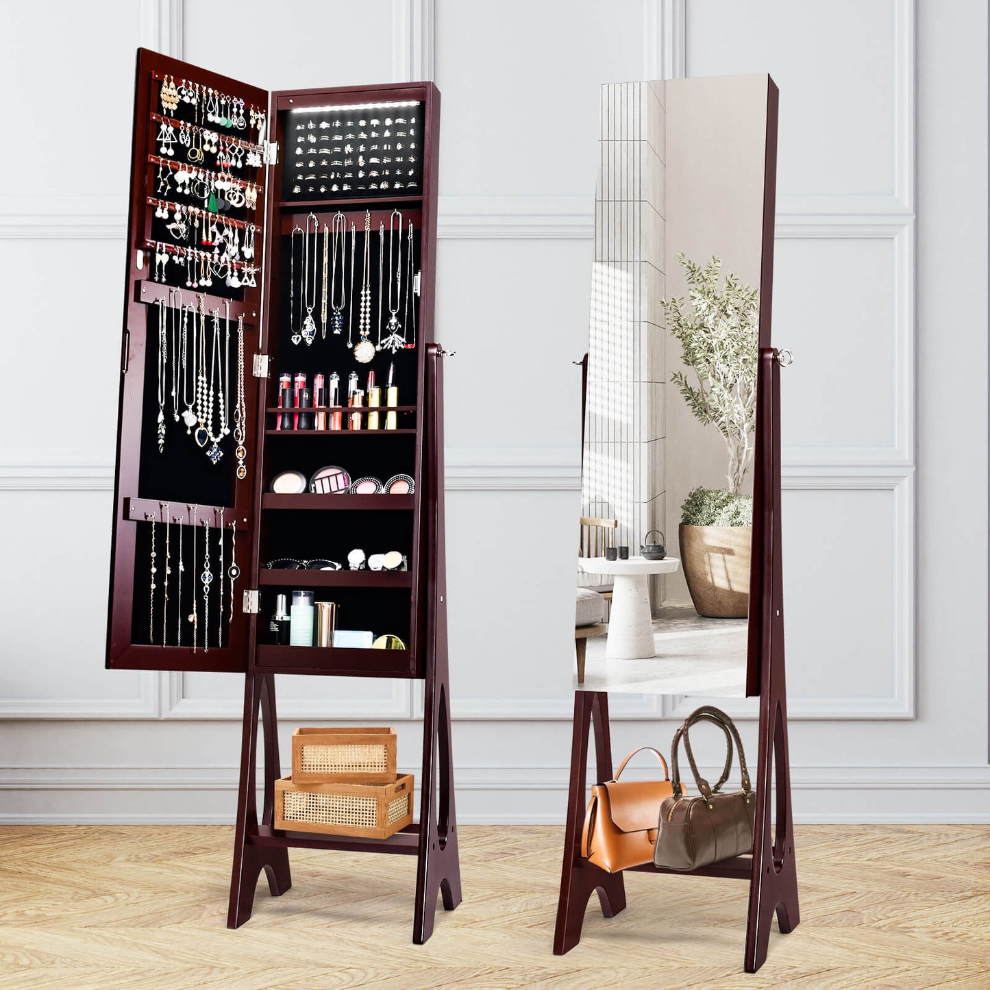 LED Jewelry Armoire with Full-Length Mirror and Storage