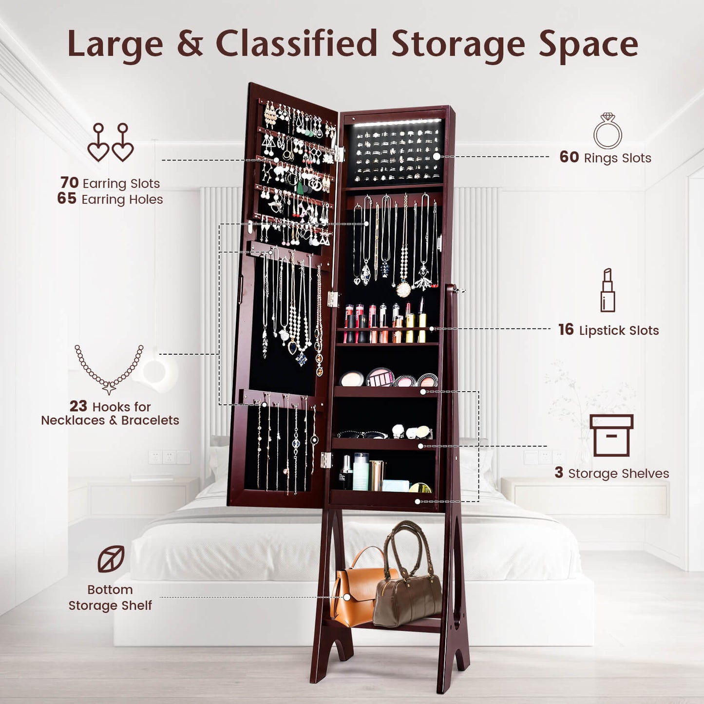 LED Jewelry Armoire with Full-Length Mirror and Storage