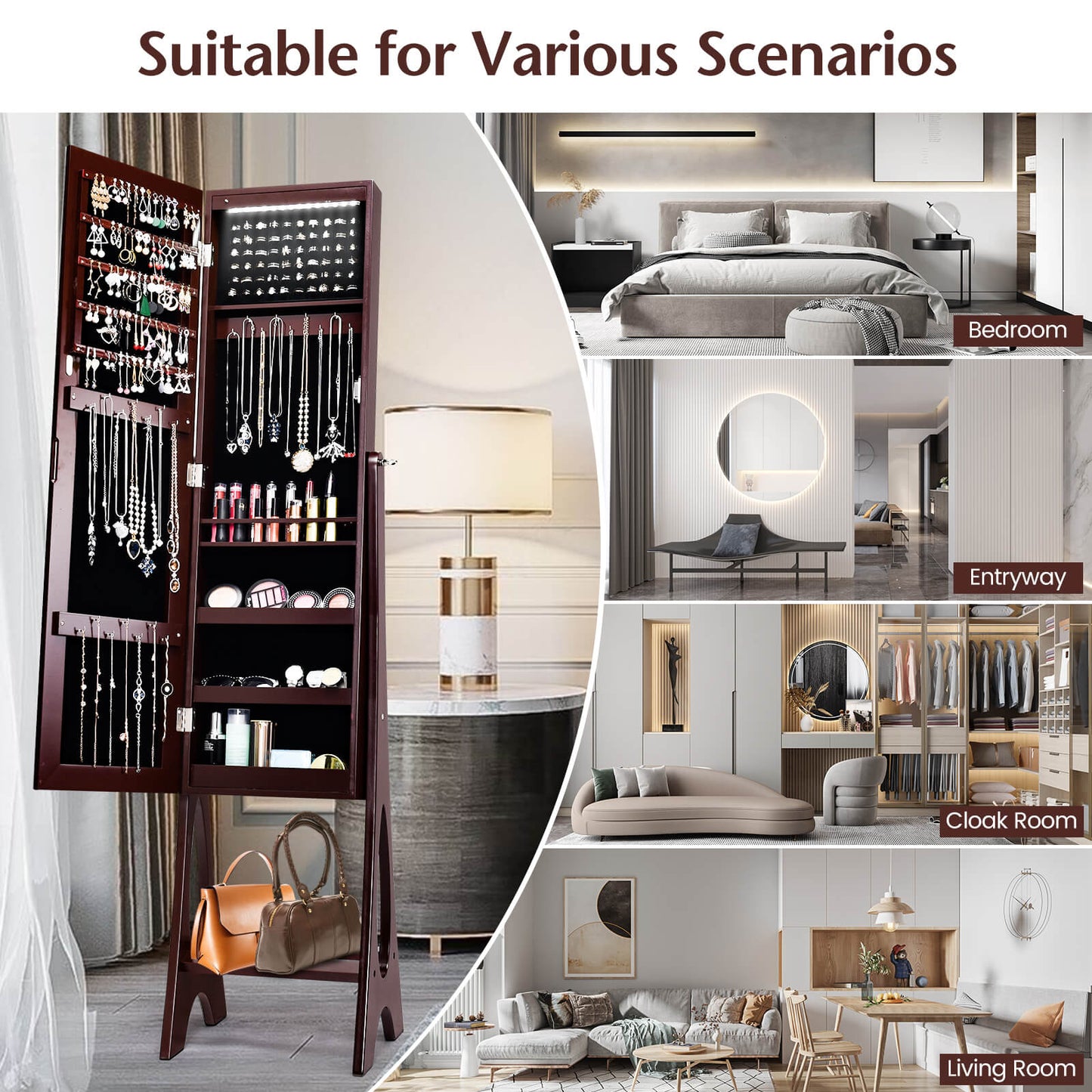 LED Jewelry Armoire with Full-Length Mirror and Storage