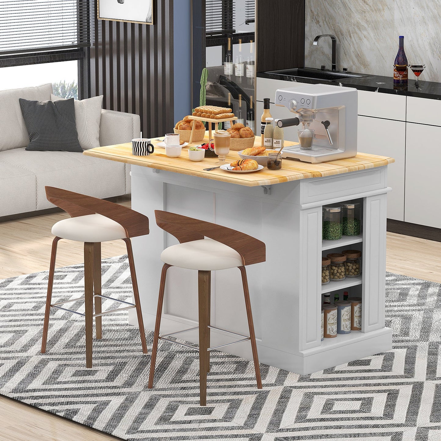 Kitchen Island with Storage and 3-Level Adjustable Shelves