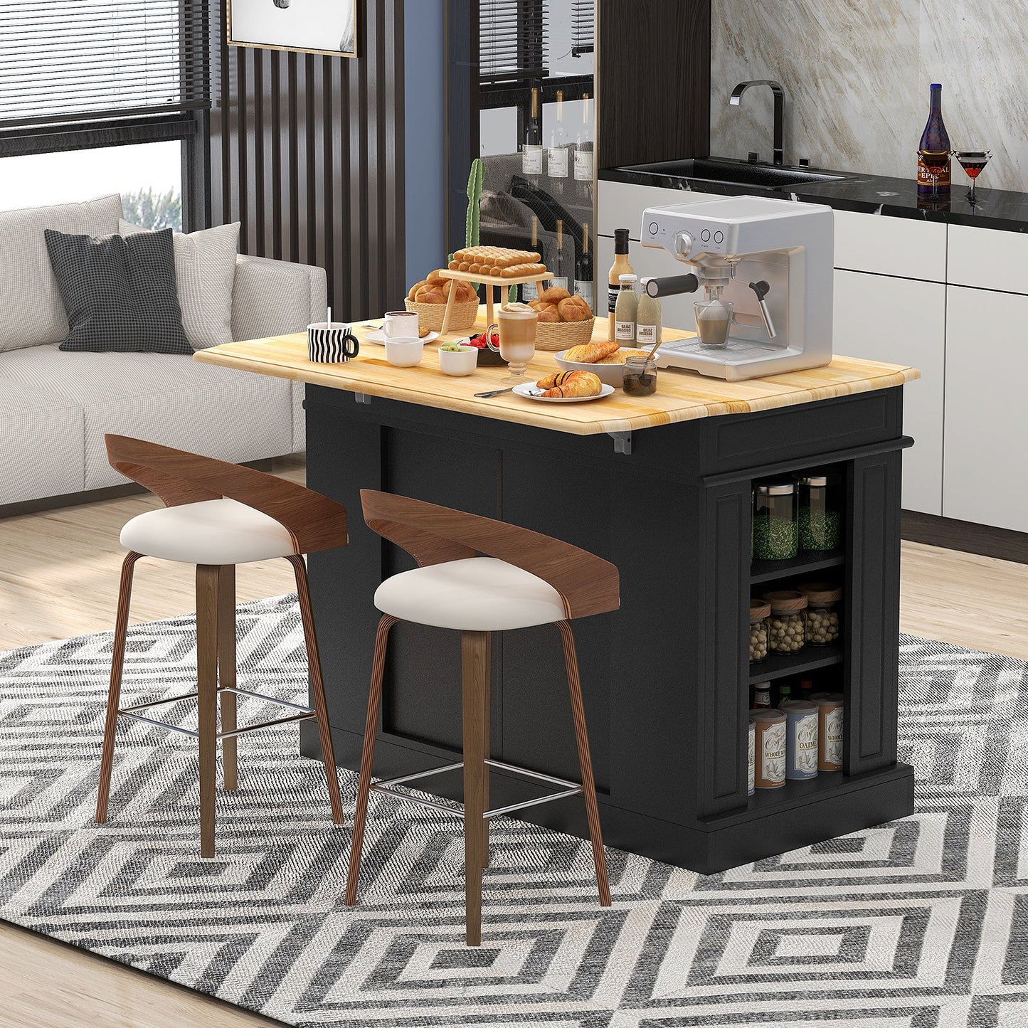 Kitchen Island with Storage and 3-Level Adjustable Shelves