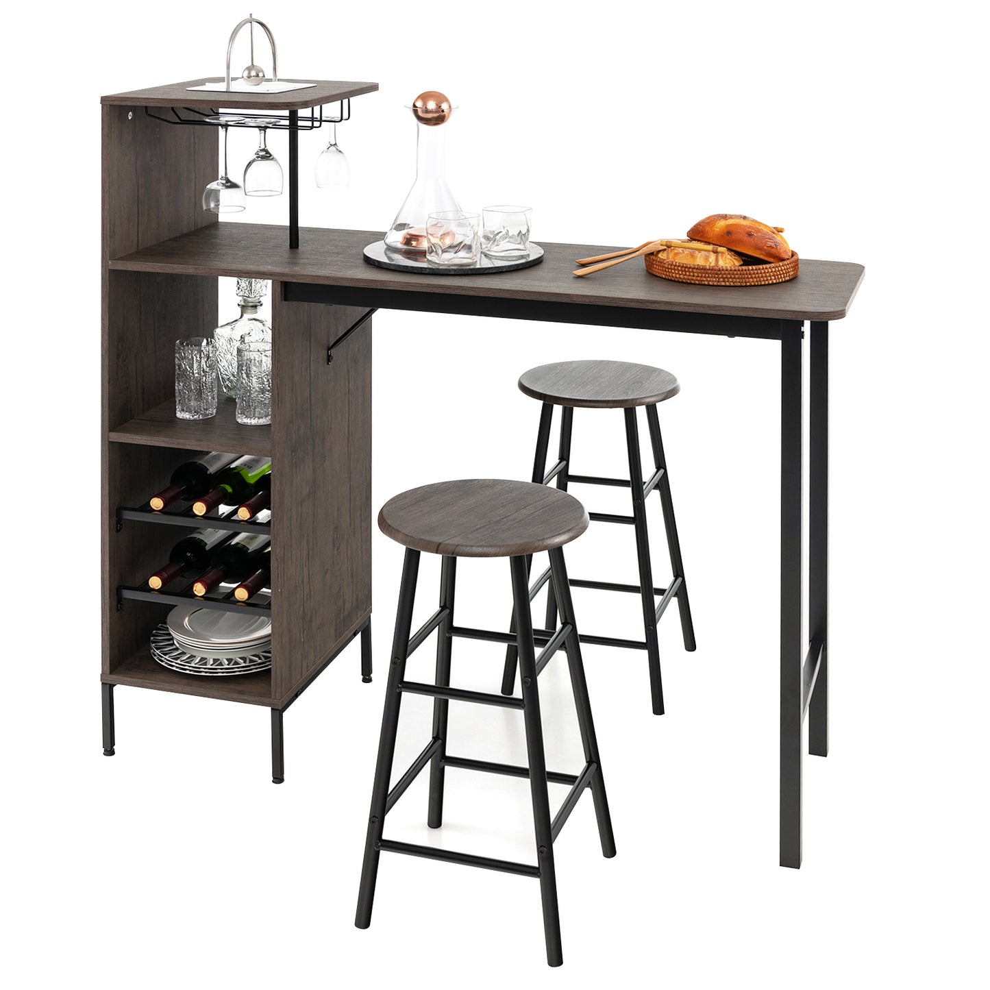 3-Piece Bar Table Set with Wine Rack and 2 Stools
