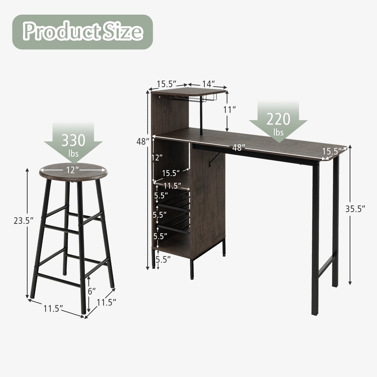 3-Piece Bar Table Set with Wine Rack and 2 Stools