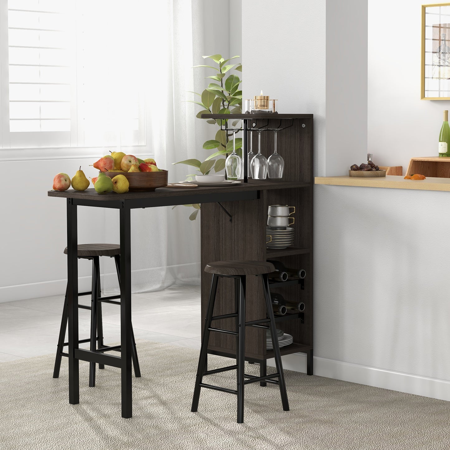 3-Piece Bar Table Set with Wine Rack and 2 Stools
