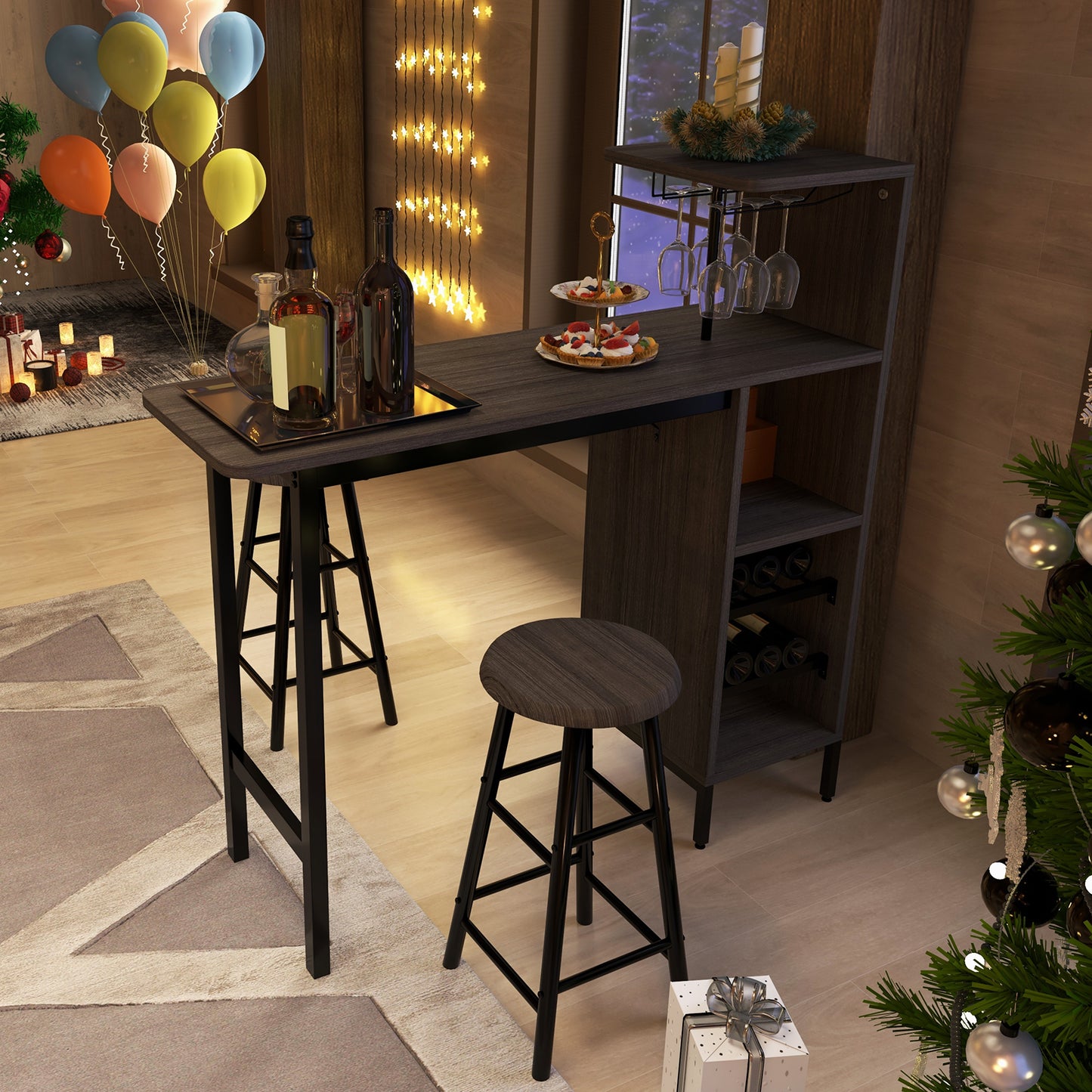3-Piece Bar Table Set with Wine Rack and 2 Stools