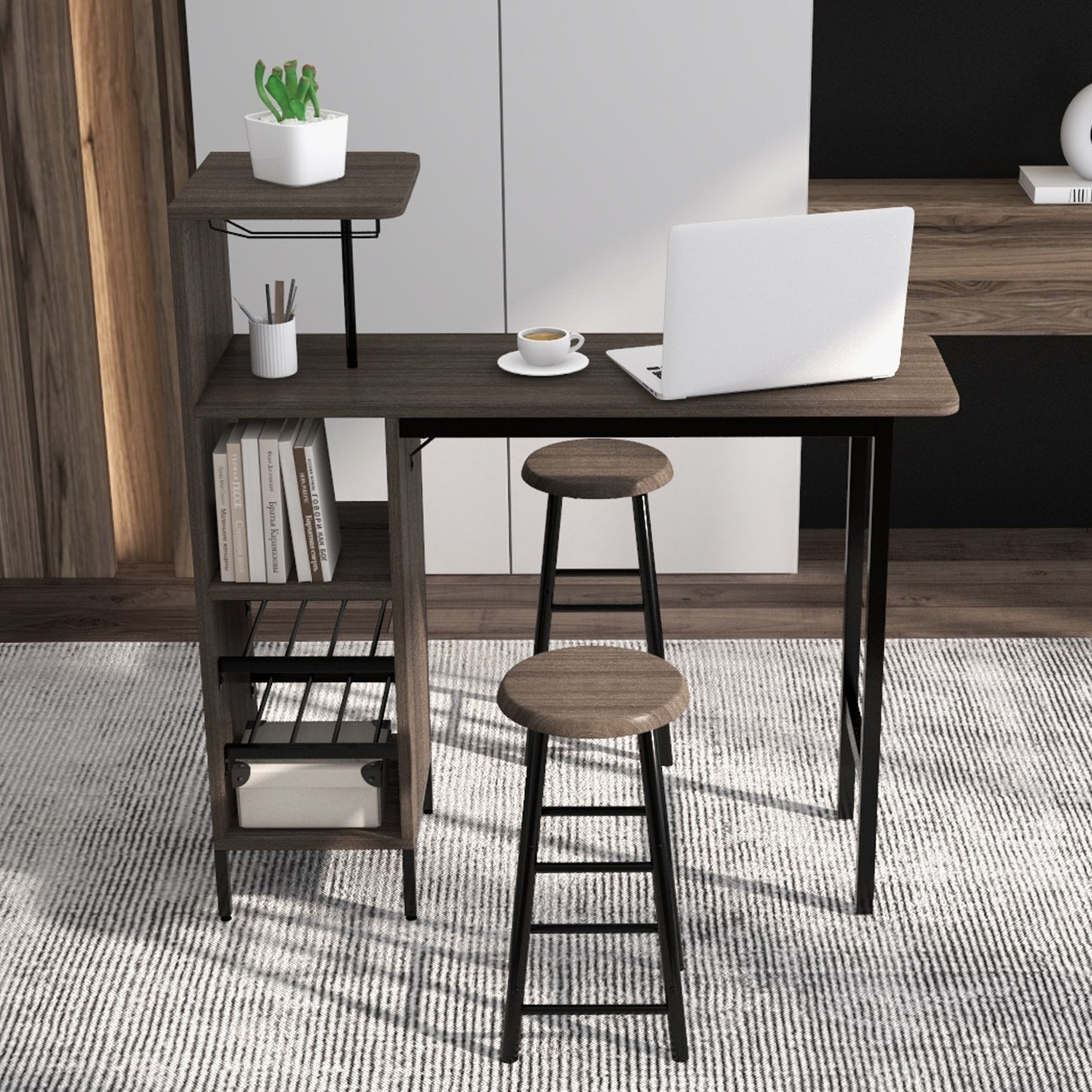 3-Piece Bar Table Set with Wine Rack and 2 Stools