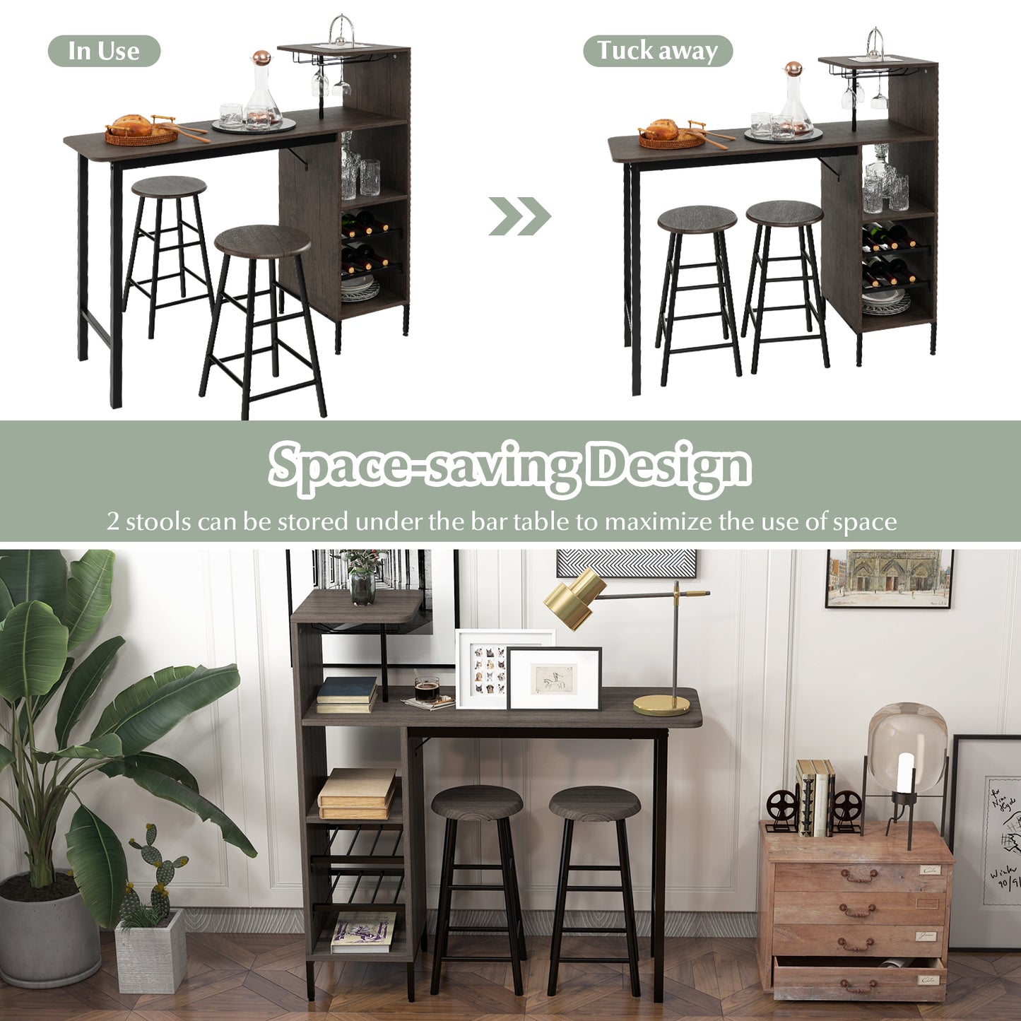 3-Piece Bar Table Set with Wine Rack and 2 Stools