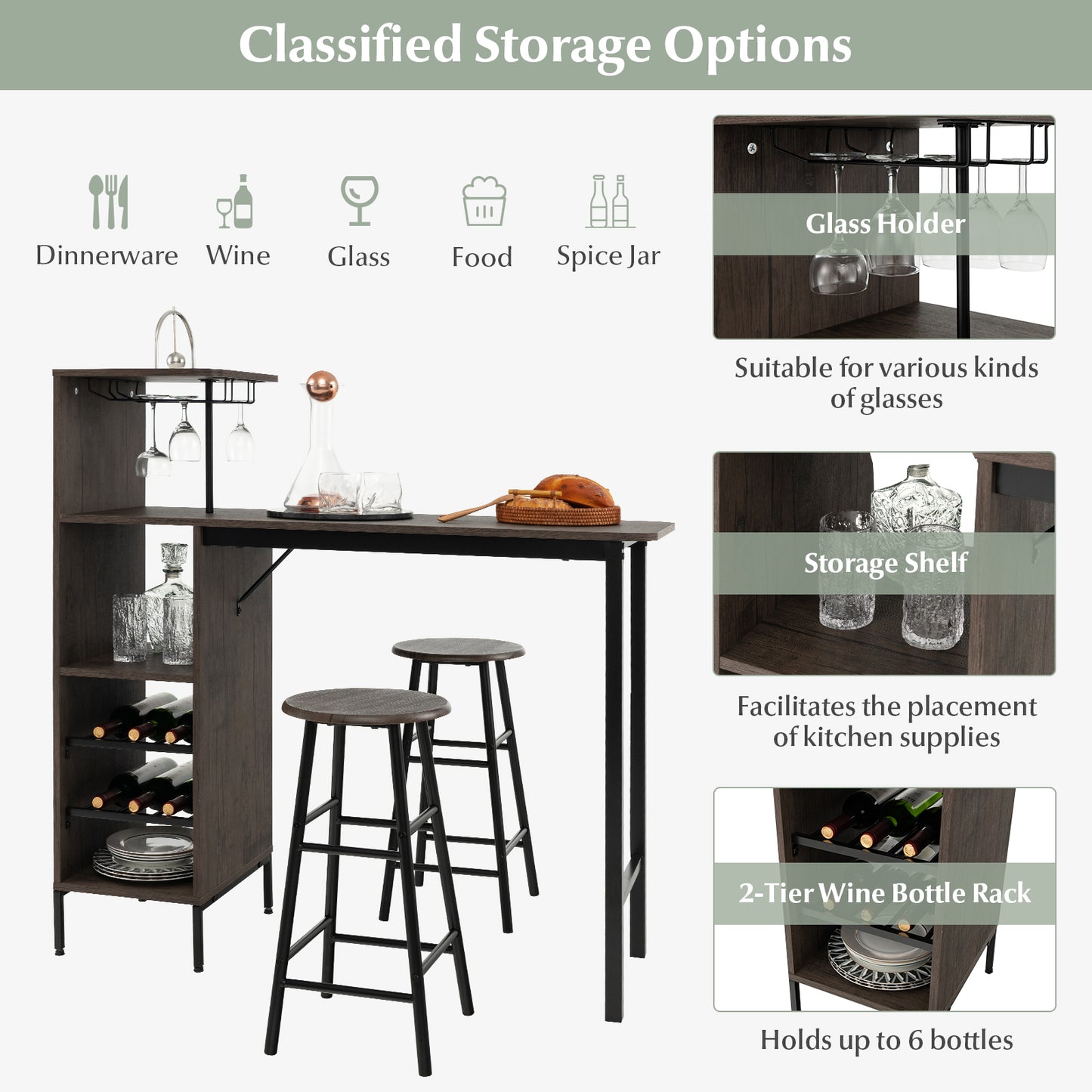 3-Piece Bar Table Set with Wine Rack and 2 Stools