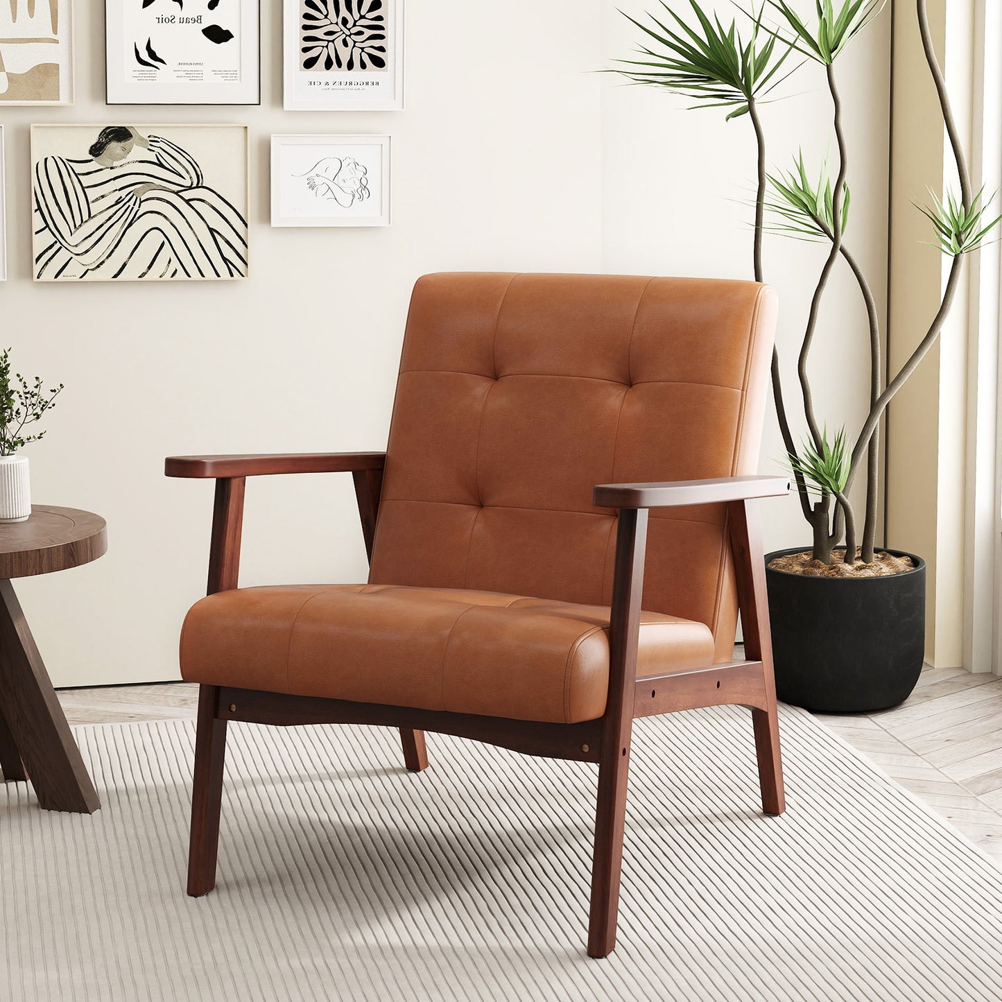 Mid Century Accent Chair with Tufted Leather Upholstery
