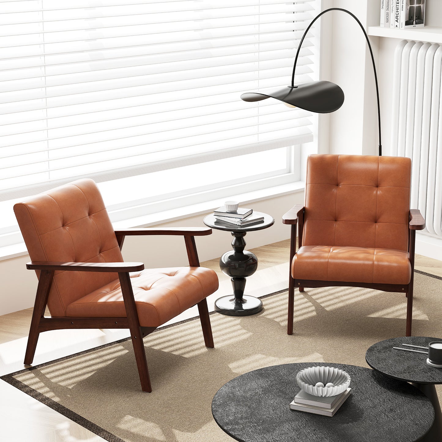 Mid Century Accent Chair with Tufted Leather Upholstery