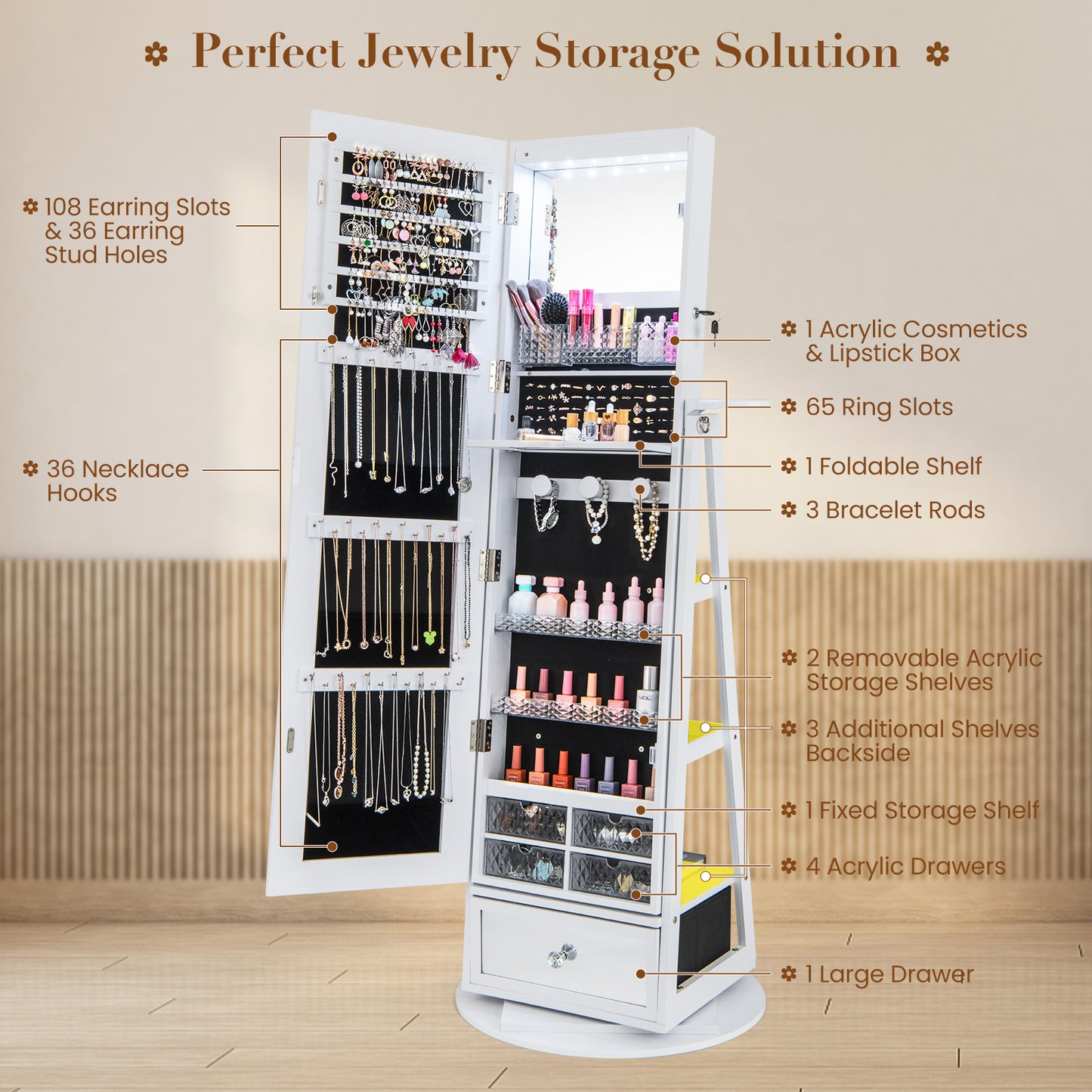360° Swivel Jewelry Armoire with Full-Length Mirror & LED Lights