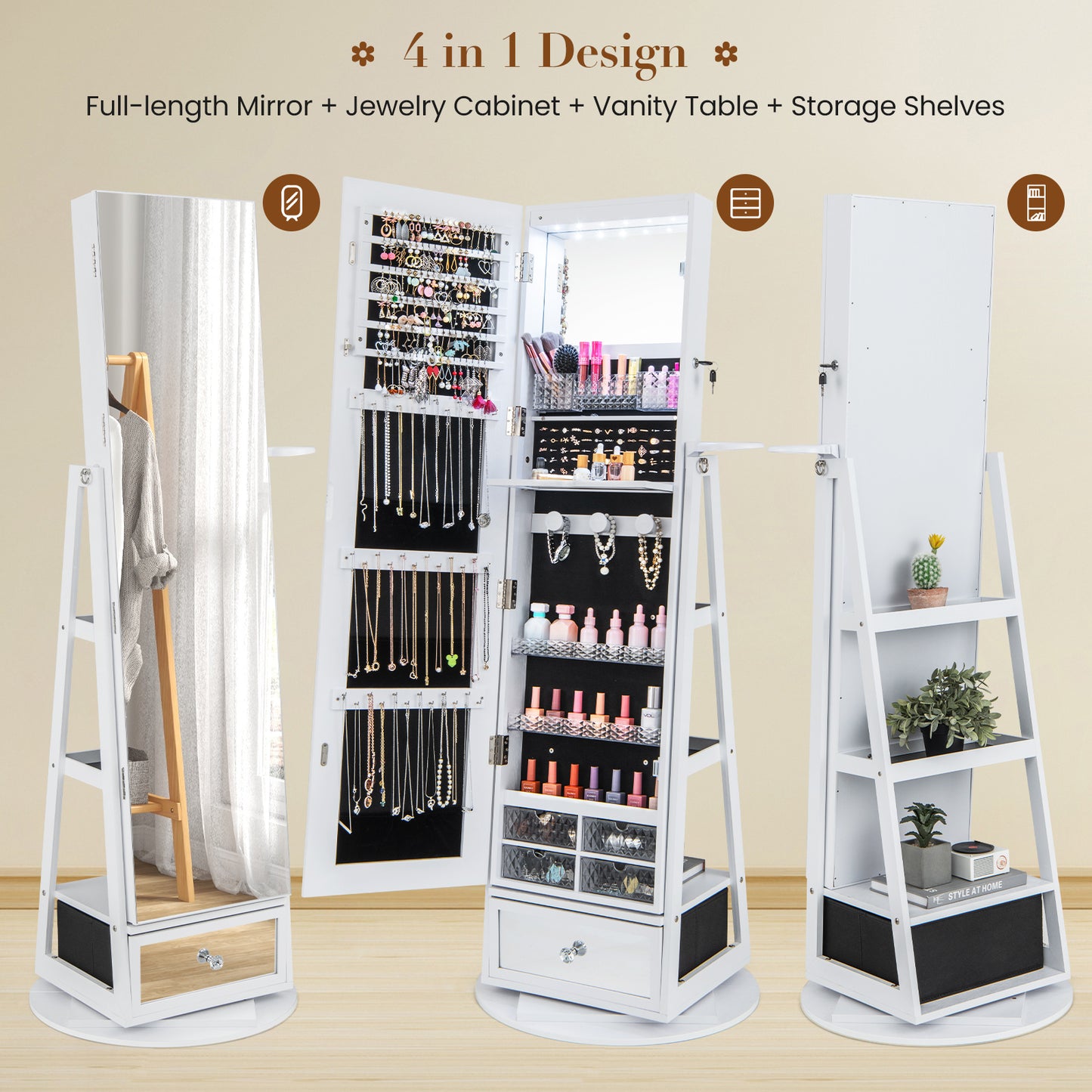 360° Swivel Jewelry Armoire with Full-Length Mirror & LED Lights