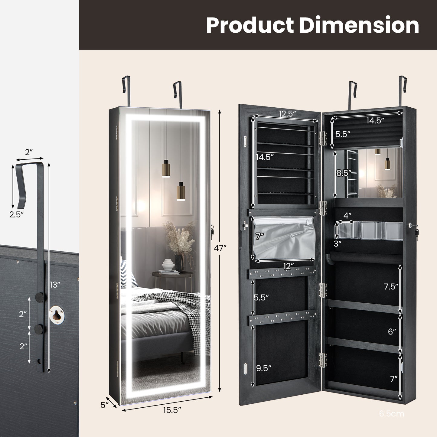 Full Length Mirrored Jewelry Armoire with LED Lights