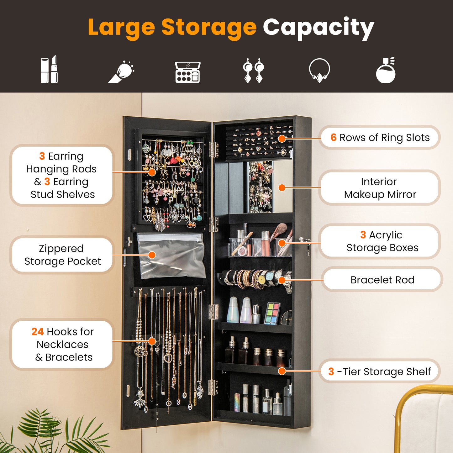 Full Length Mirrored Jewelry Armoire with LED Lights