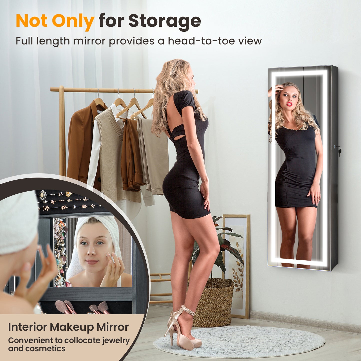 Full Length Mirrored Jewelry Armoire with LED Lights