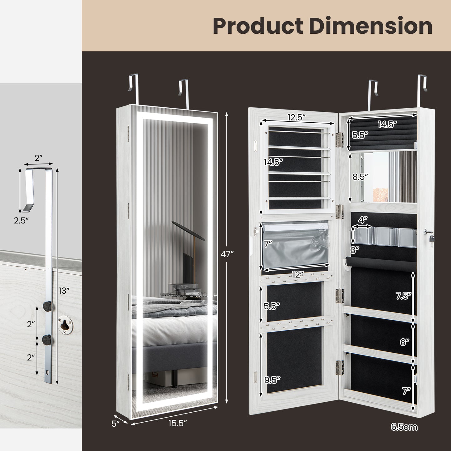Full Length Mirrored Jewelry Armoire with LED Lights