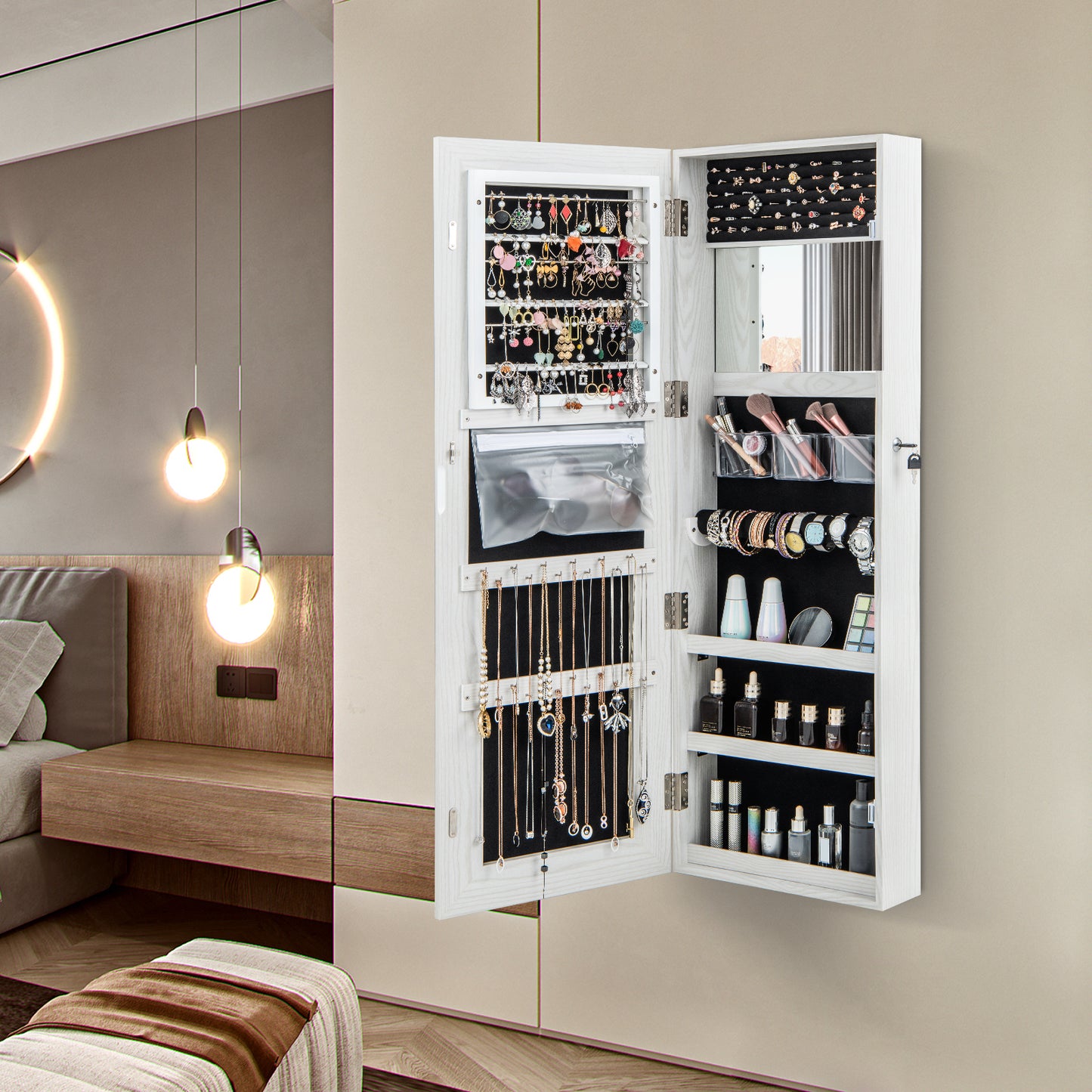 Full Length Mirrored Jewelry Armoire with LED Lights