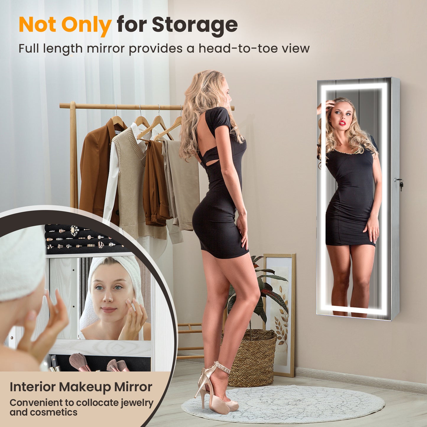 Full Length Mirrored Jewelry Armoire with LED Lights