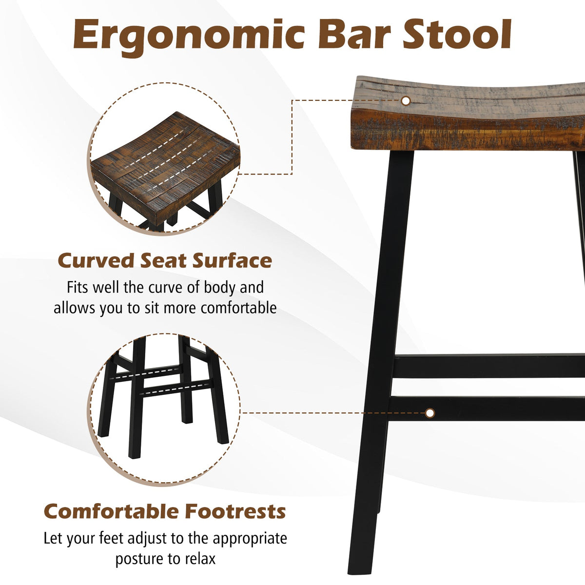 24 Inch Solid Wood Saddle-Seat with Curved Seat Surface and Comfortable Footrests