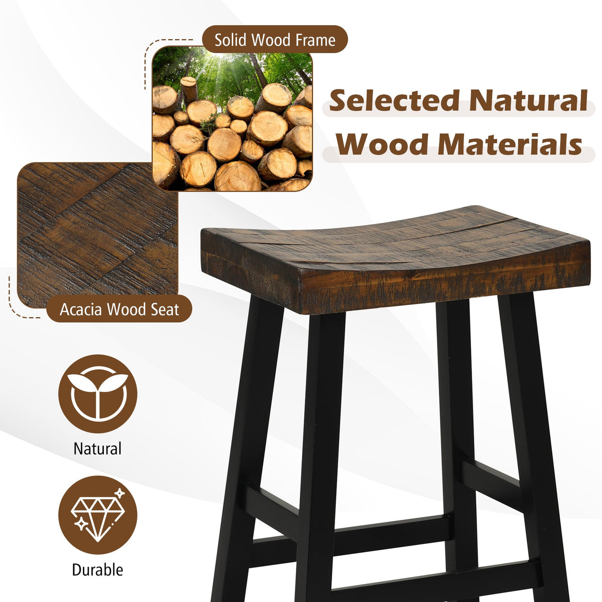 24 Inch Solid Wood Saddle-Seat with Curved Seat Surface and Comfortable Footrests