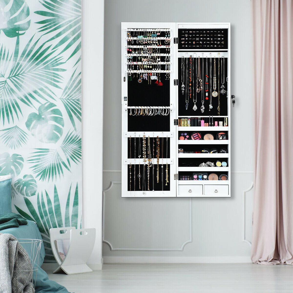 Wall Mounted Jewelry Cabinet with LED Mirror