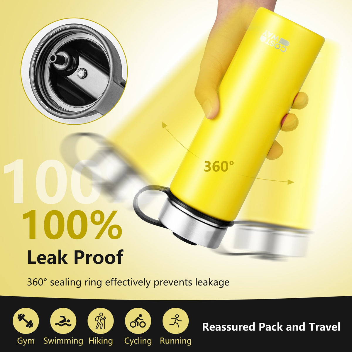 22 Oz Double-walled Insulated Stainless Steel Water Bottle with 2 Lids and Straw