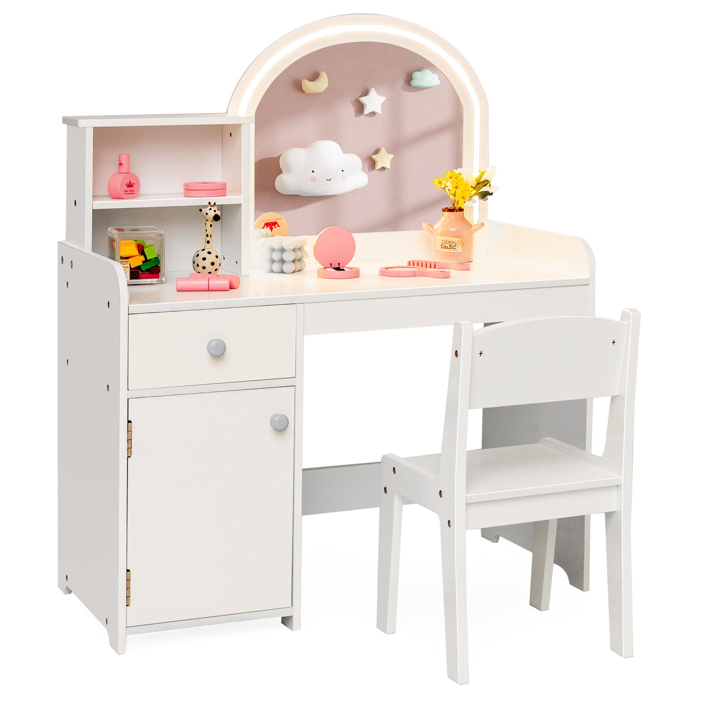 Kids Vanity Table and Chair Set with LED Mirror and Storage