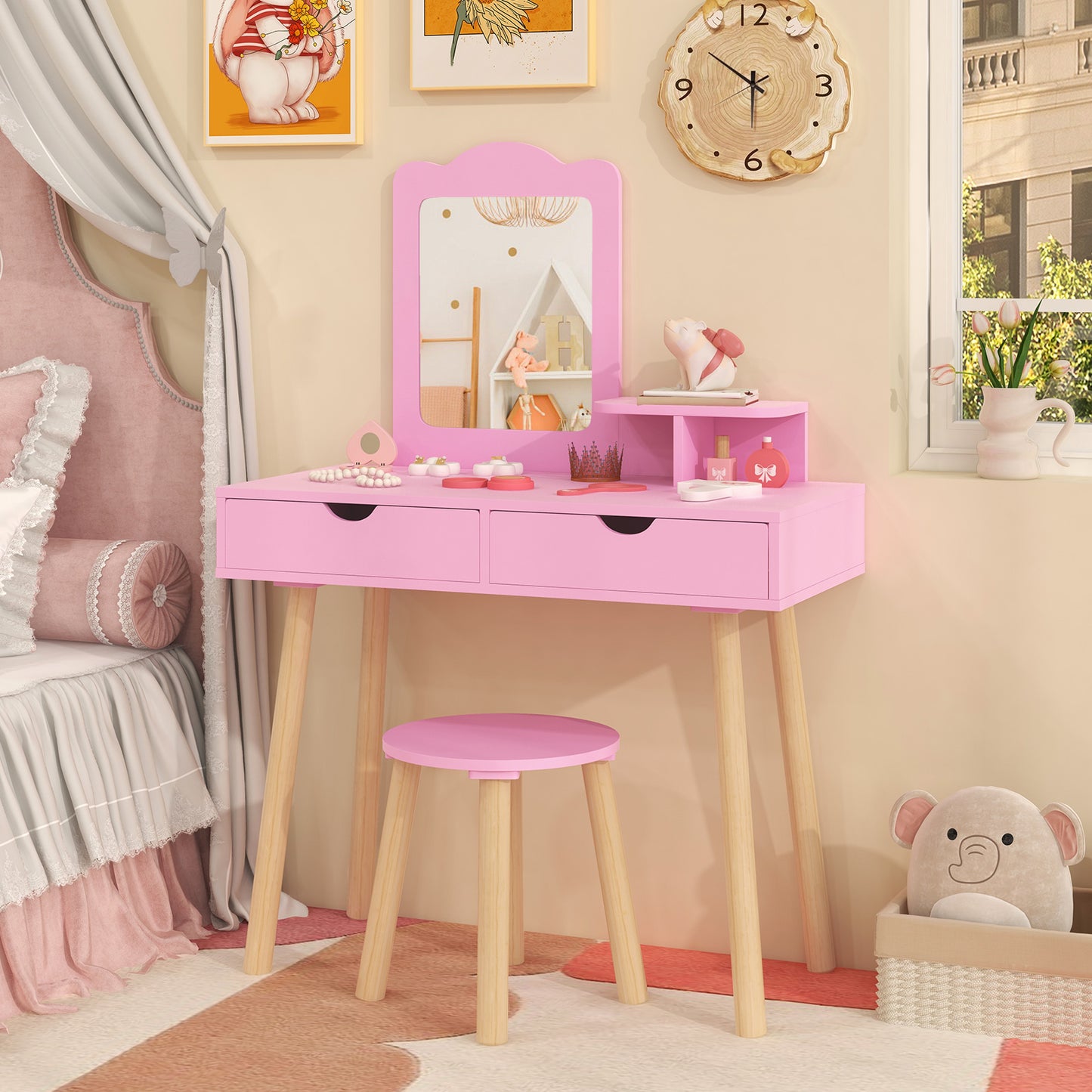 Kids Vanity Table and Chair Set with Mirror and Drawers