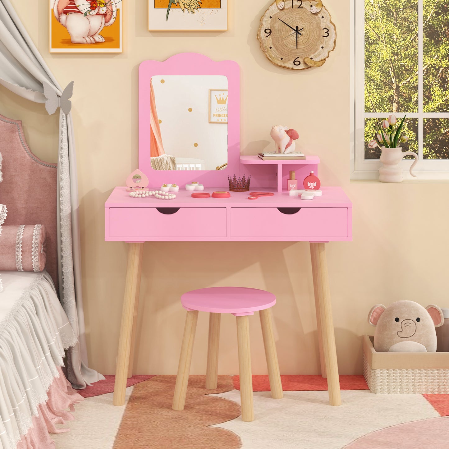 Kids Vanity Table and Chair Set with Mirror and Drawers