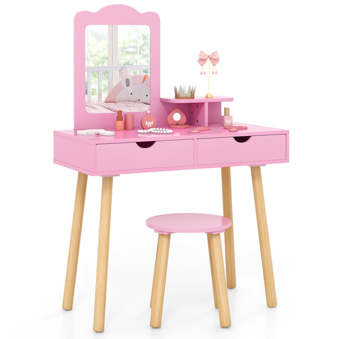 Kids Vanity Table and Chair Set with Mirror and Drawers