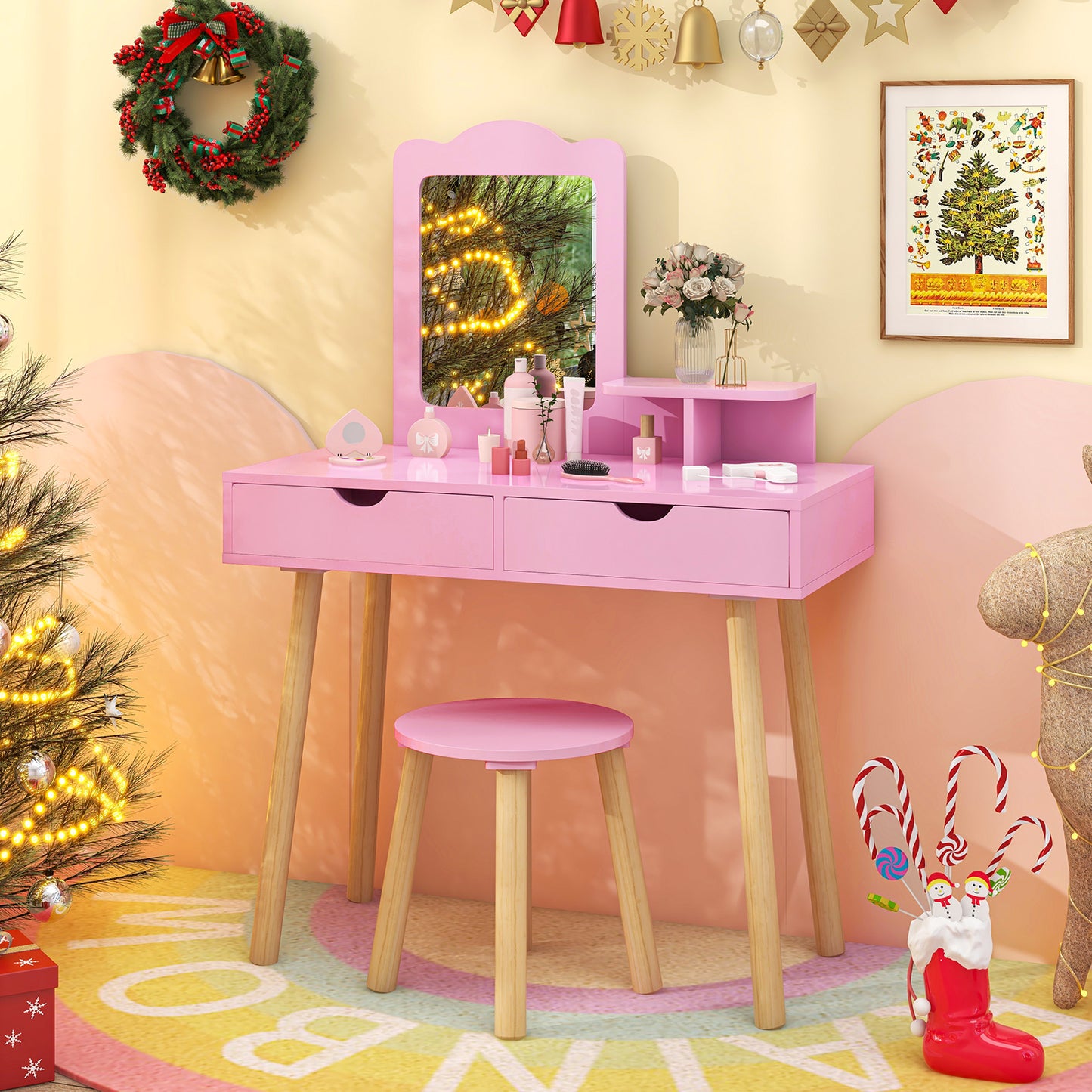 Kids Vanity Table and Chair Set with Mirror and Drawers