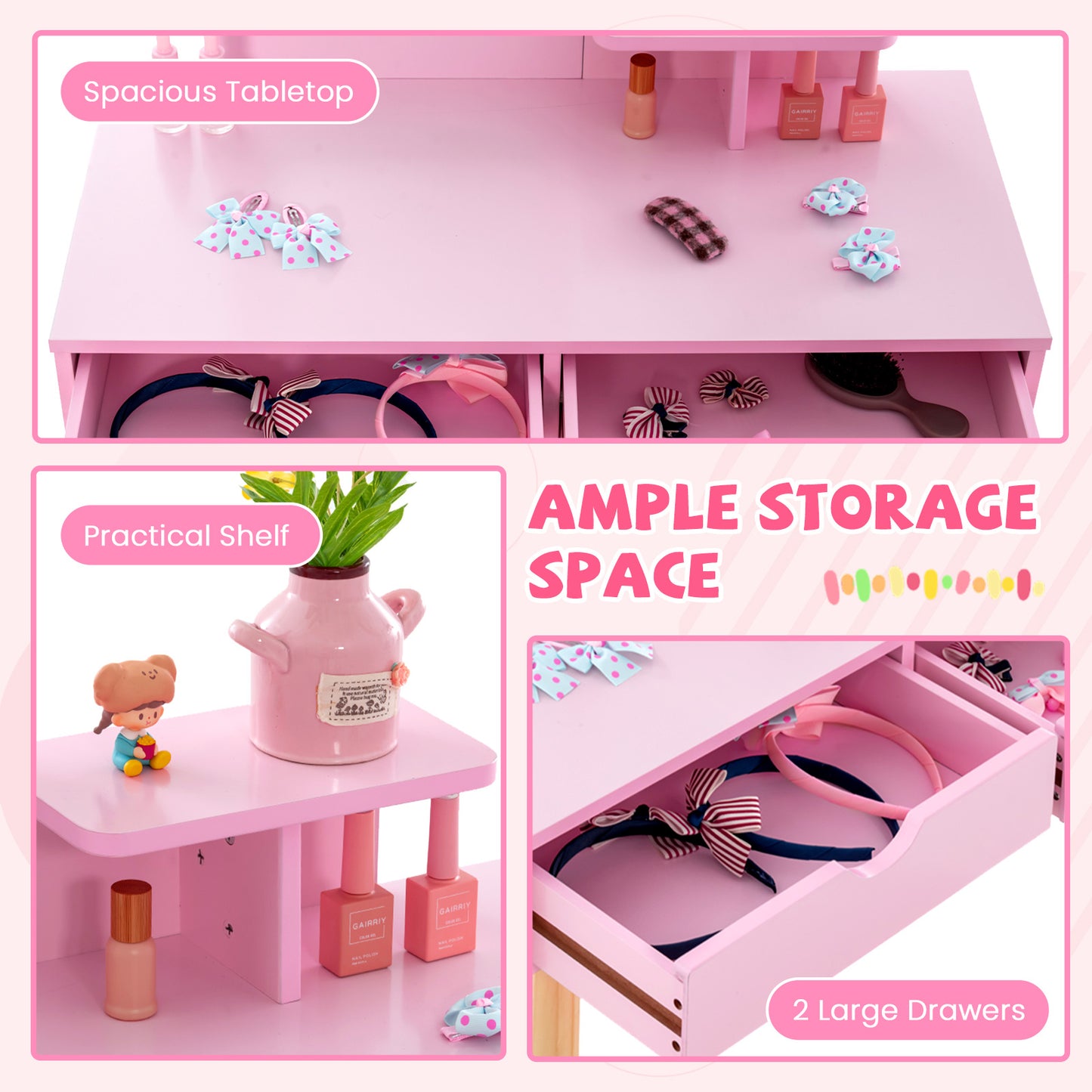 Kids Vanity Table and Chair Set with Mirror and Drawers