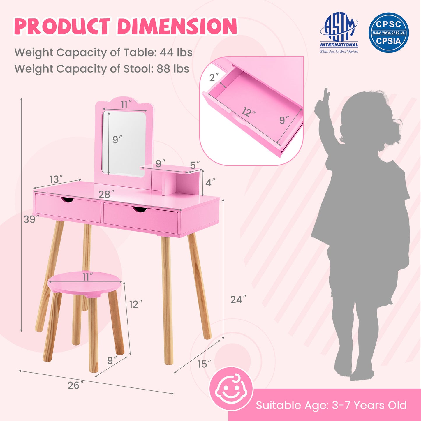 Kids Vanity Table and Chair Set with Mirror and Drawers