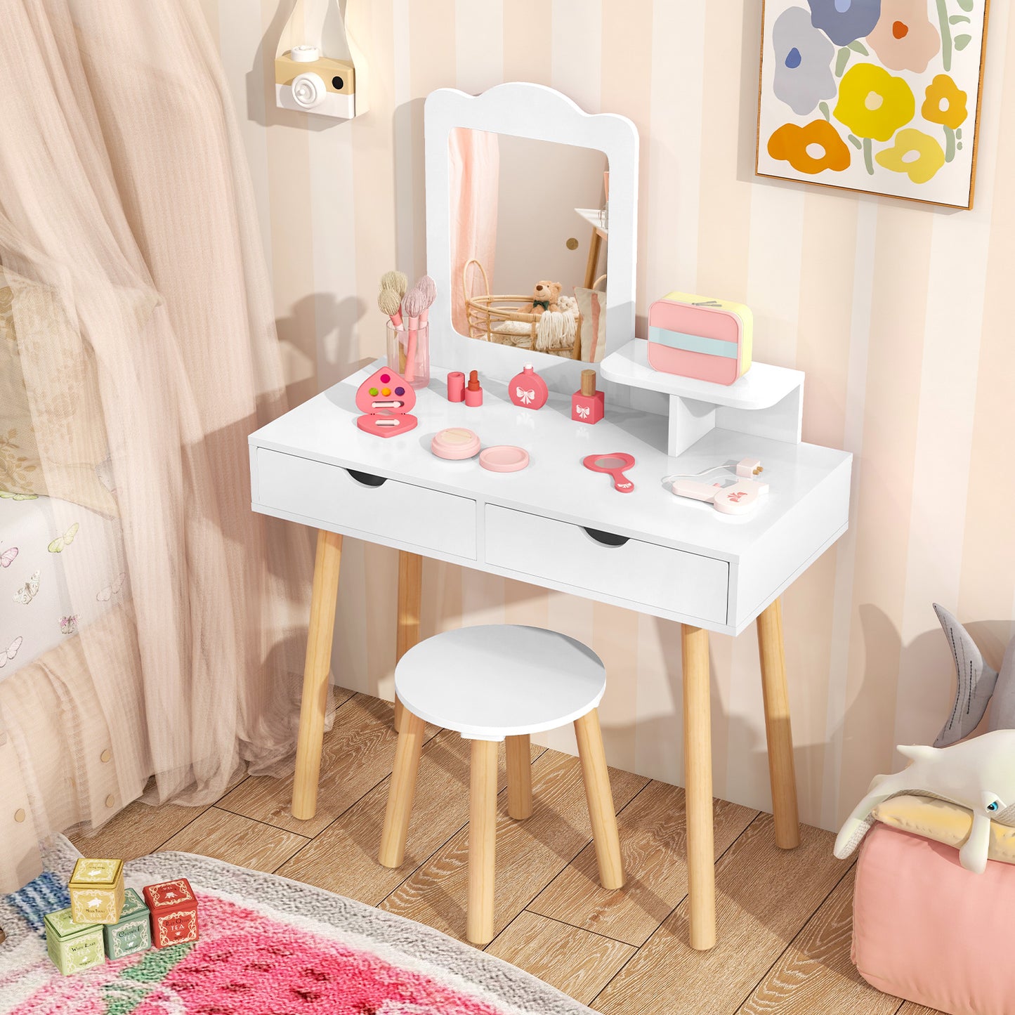 Kids Vanity Table and Chair Set with Mirror and Drawers