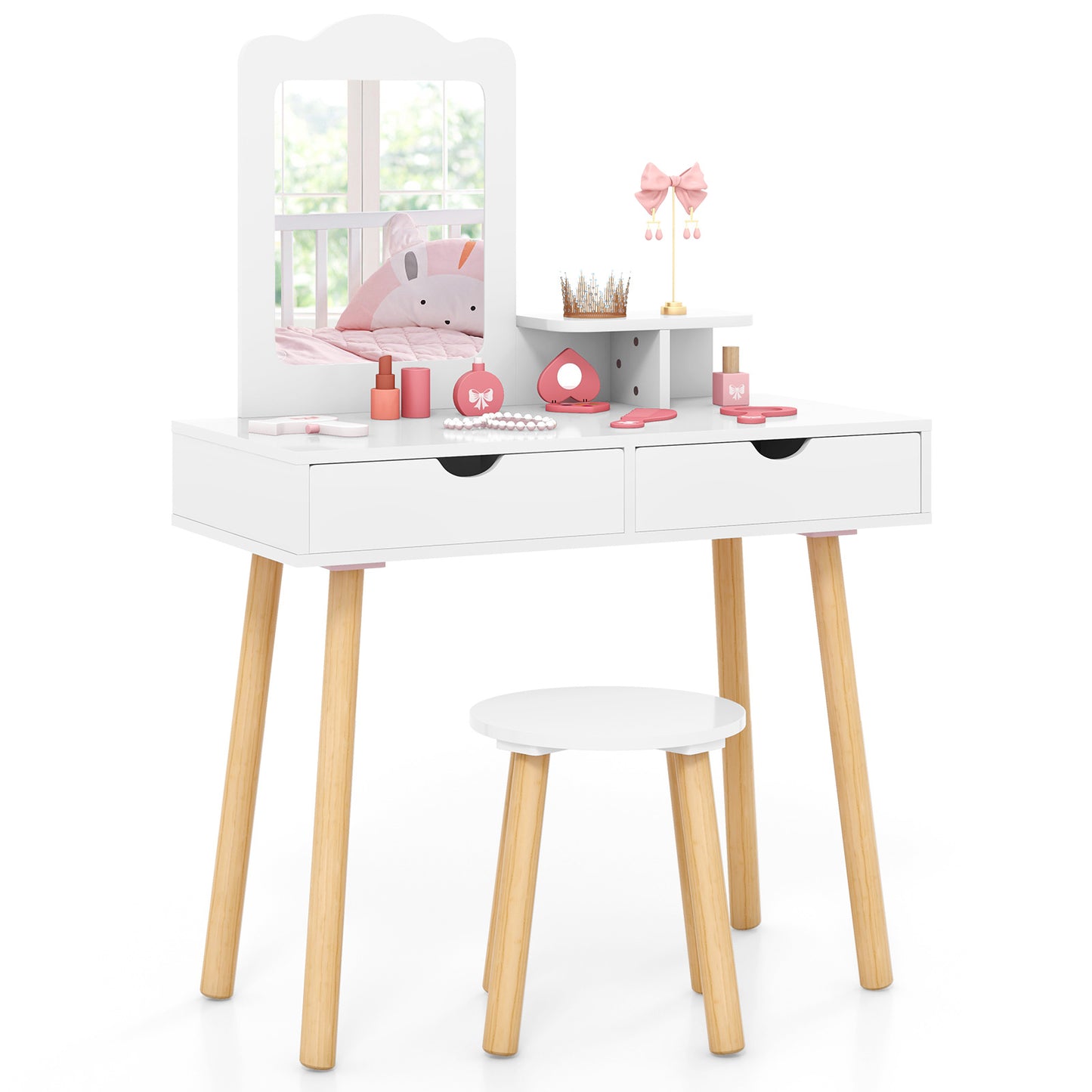 Kids Vanity Table and Chair Set with Mirror and Drawers