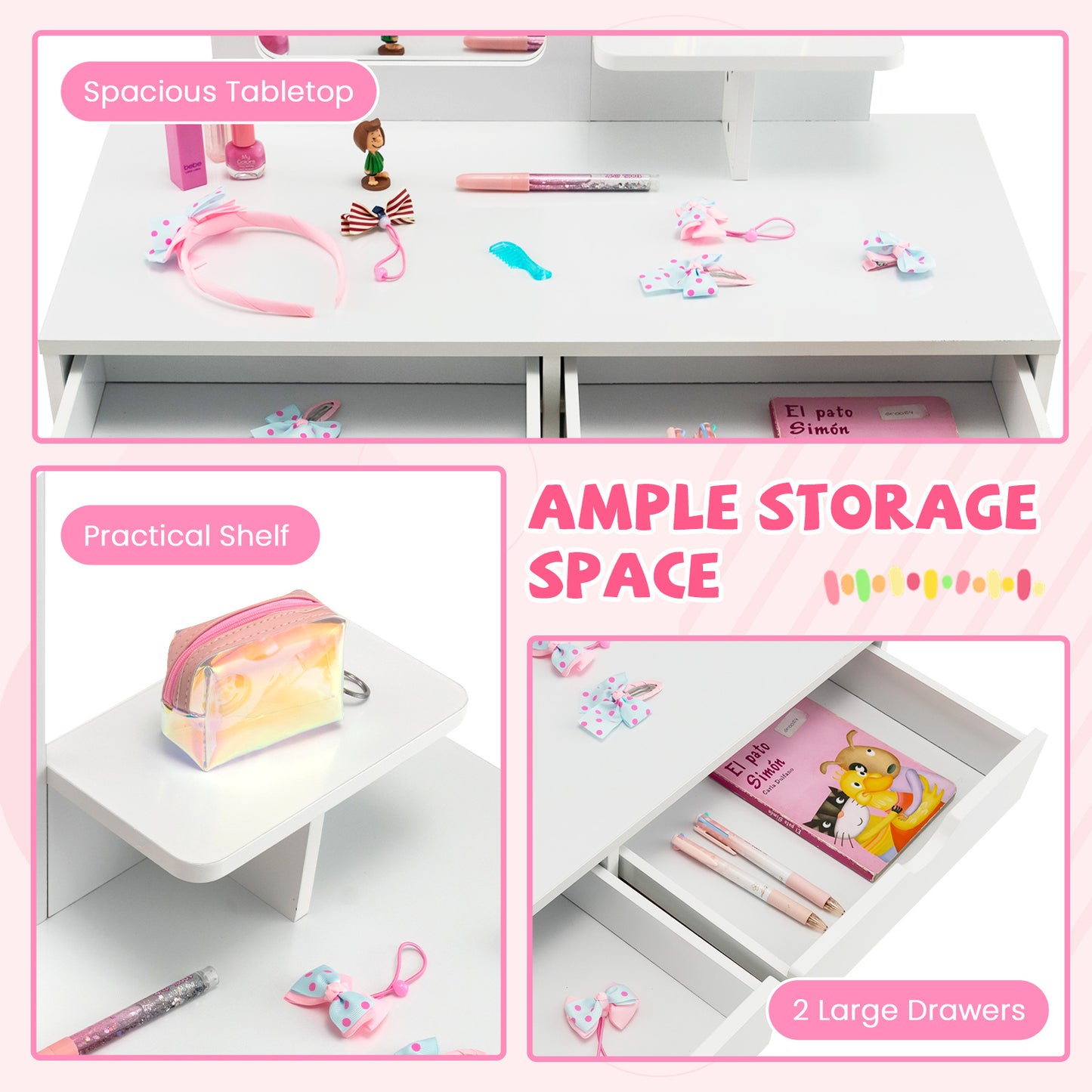 Kids Vanity Table and Chair Set with Mirror and Drawers