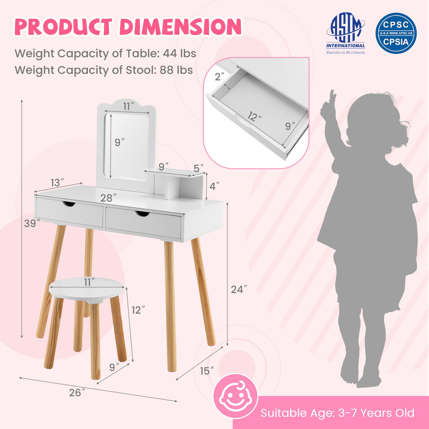 Kids Vanity Table and Chair Set with Mirror and Drawers