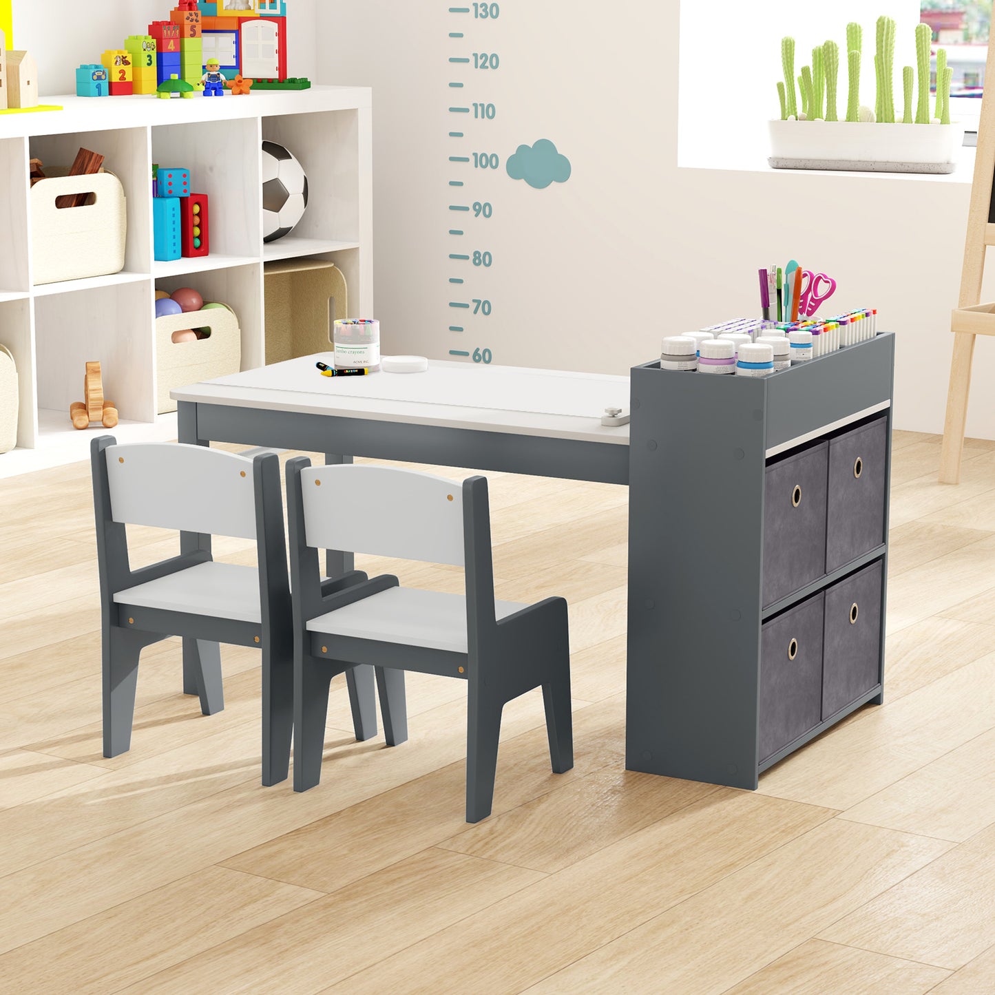 Kids Art Table and Chair Set with Paper Roll and Storage