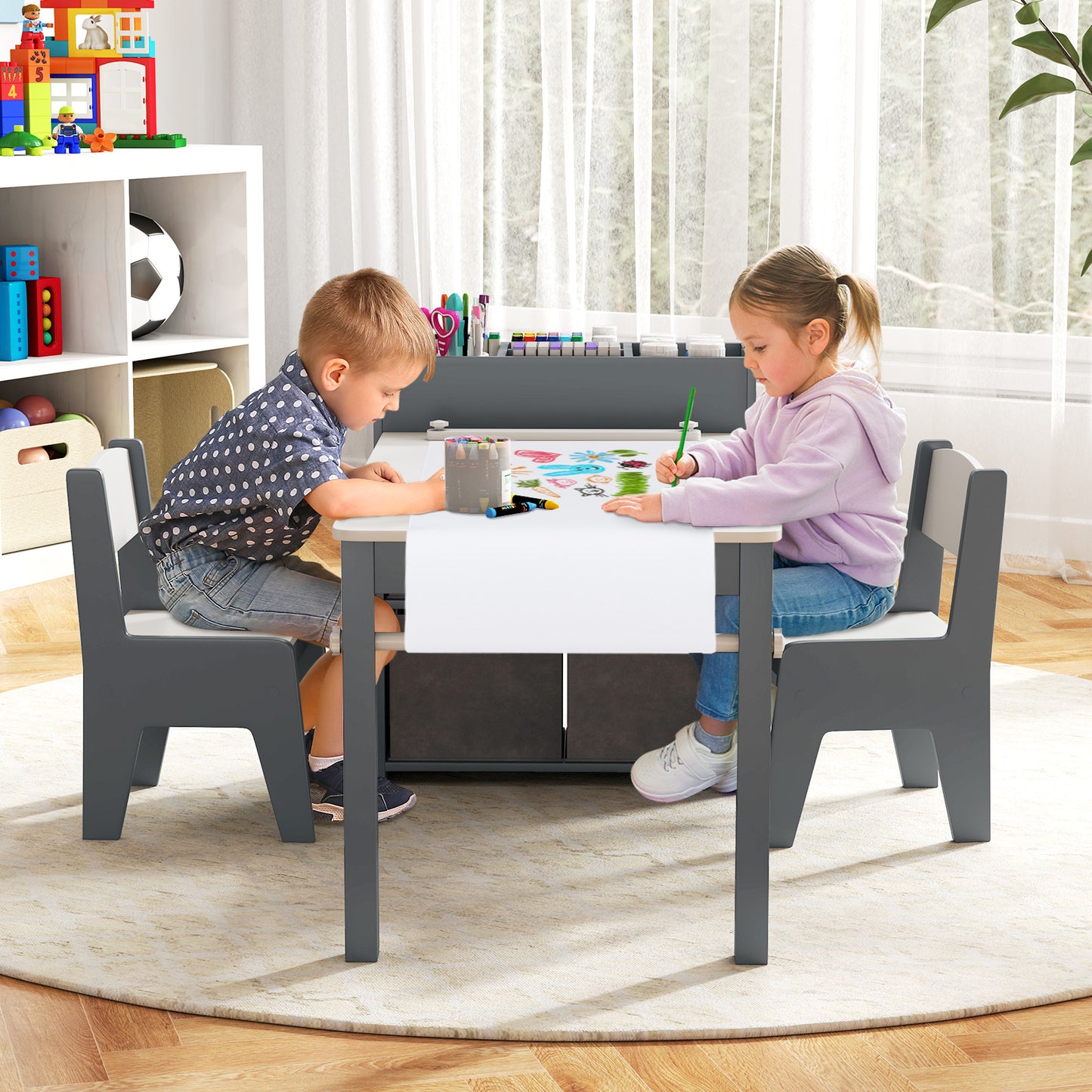 Kids Art Table and Chair Set with Paper Roll and Storage