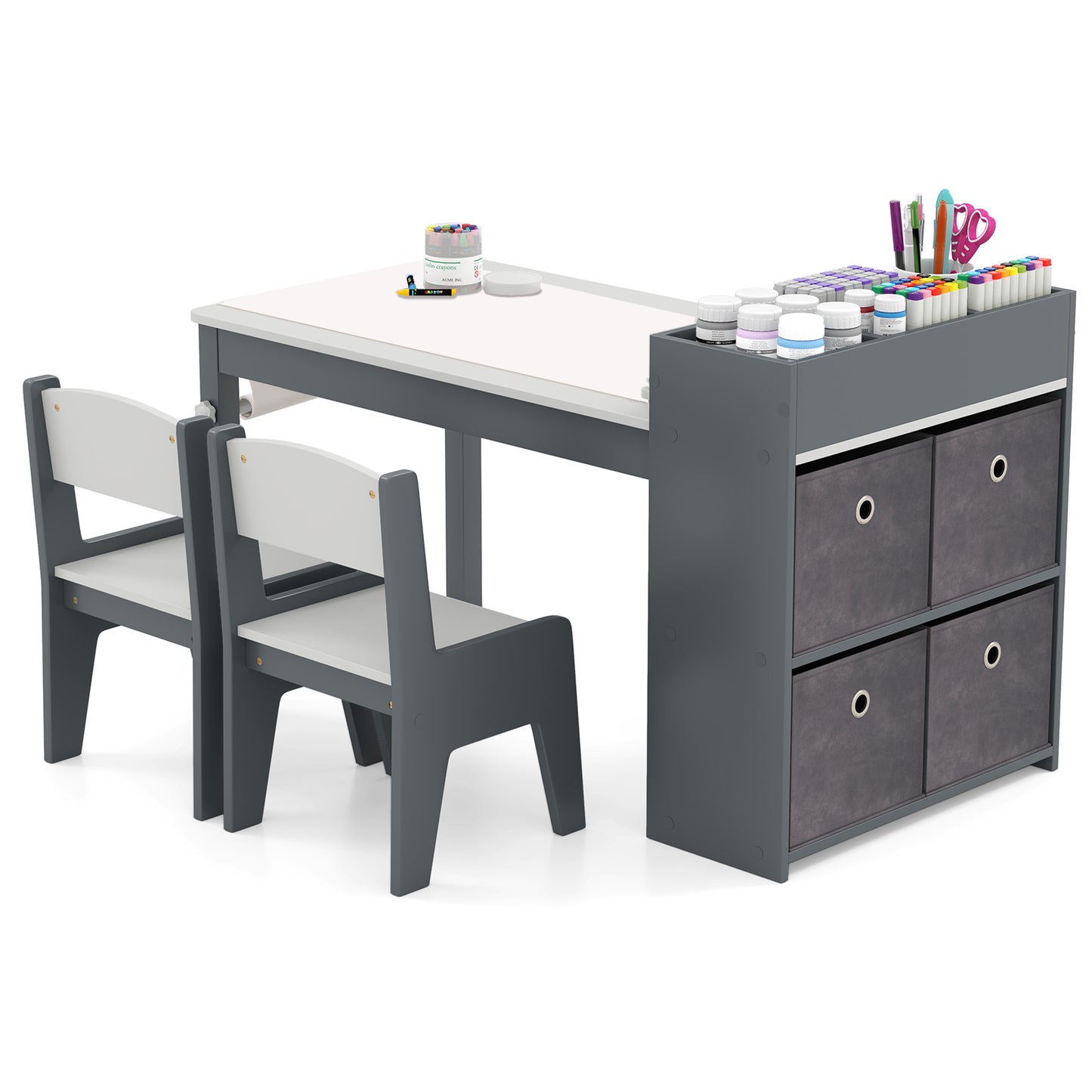Kids Art Table and Chair Set with Paper Roll and Storage