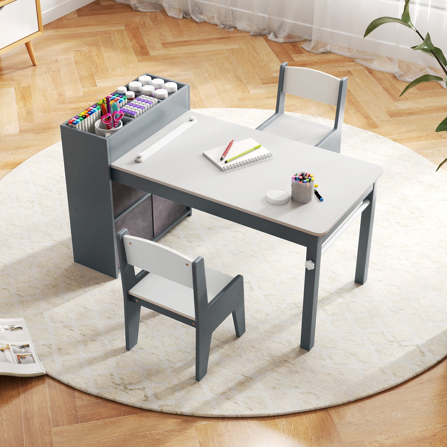 Kids Art Table and Chair Set with Paper Roll and Storage