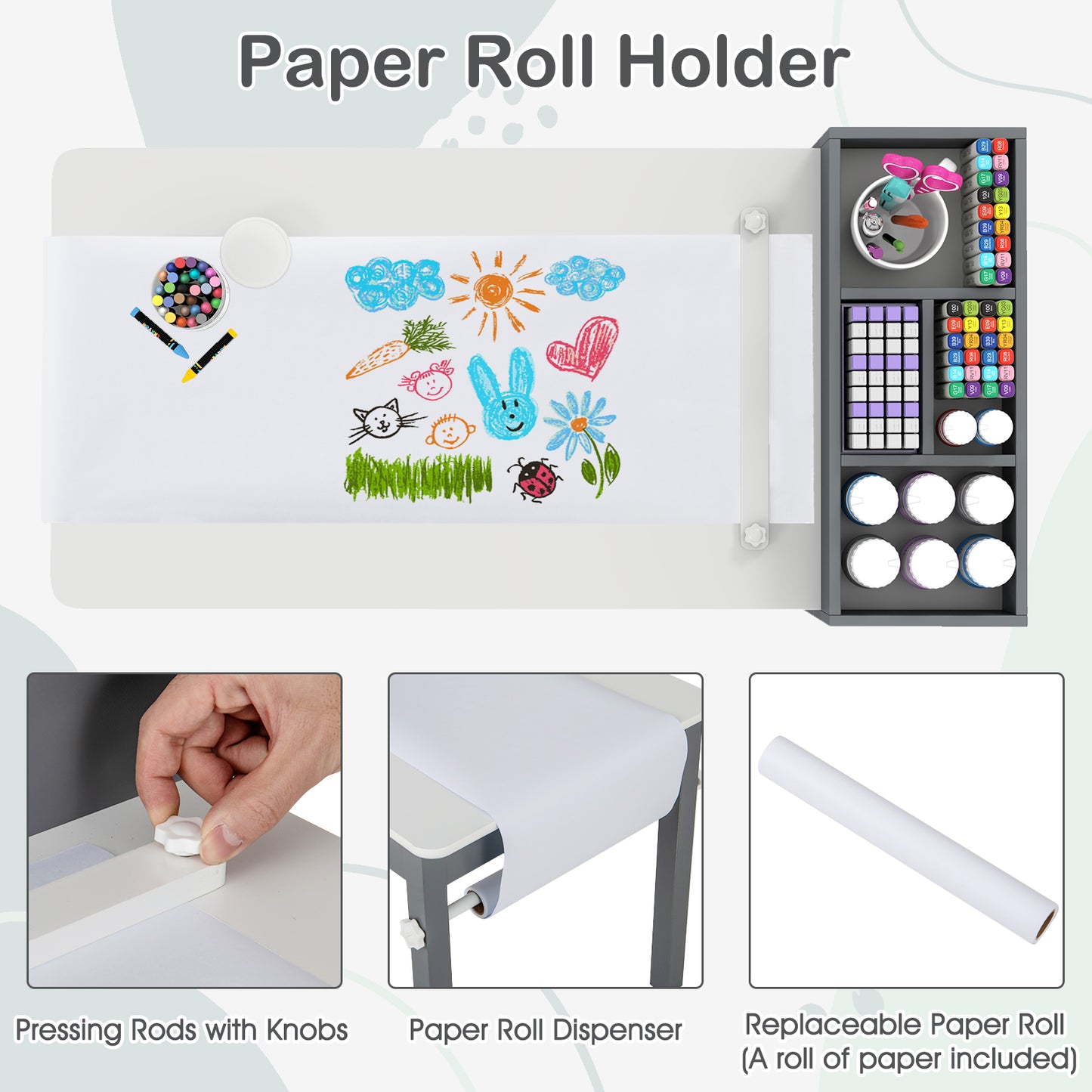 Kids Art Table and Chair Set with Paper Roll and Storage