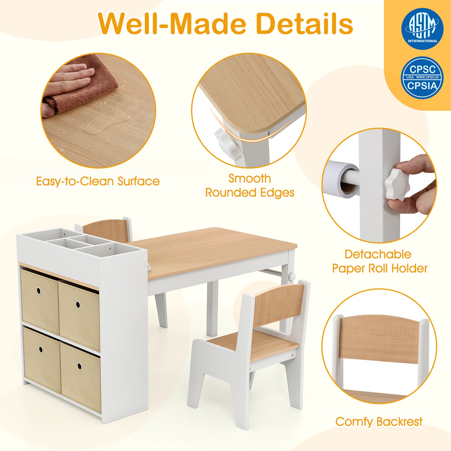 Kids Art Table and Chair Set with Paper Roll and Storage