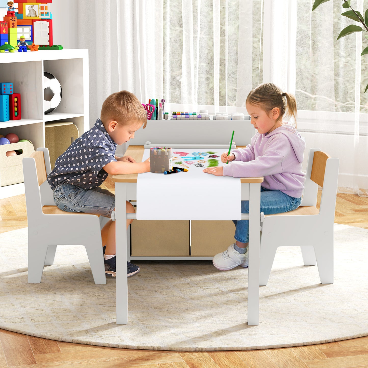 Kids Art Table and Chair Set with Paper Roll and Storage