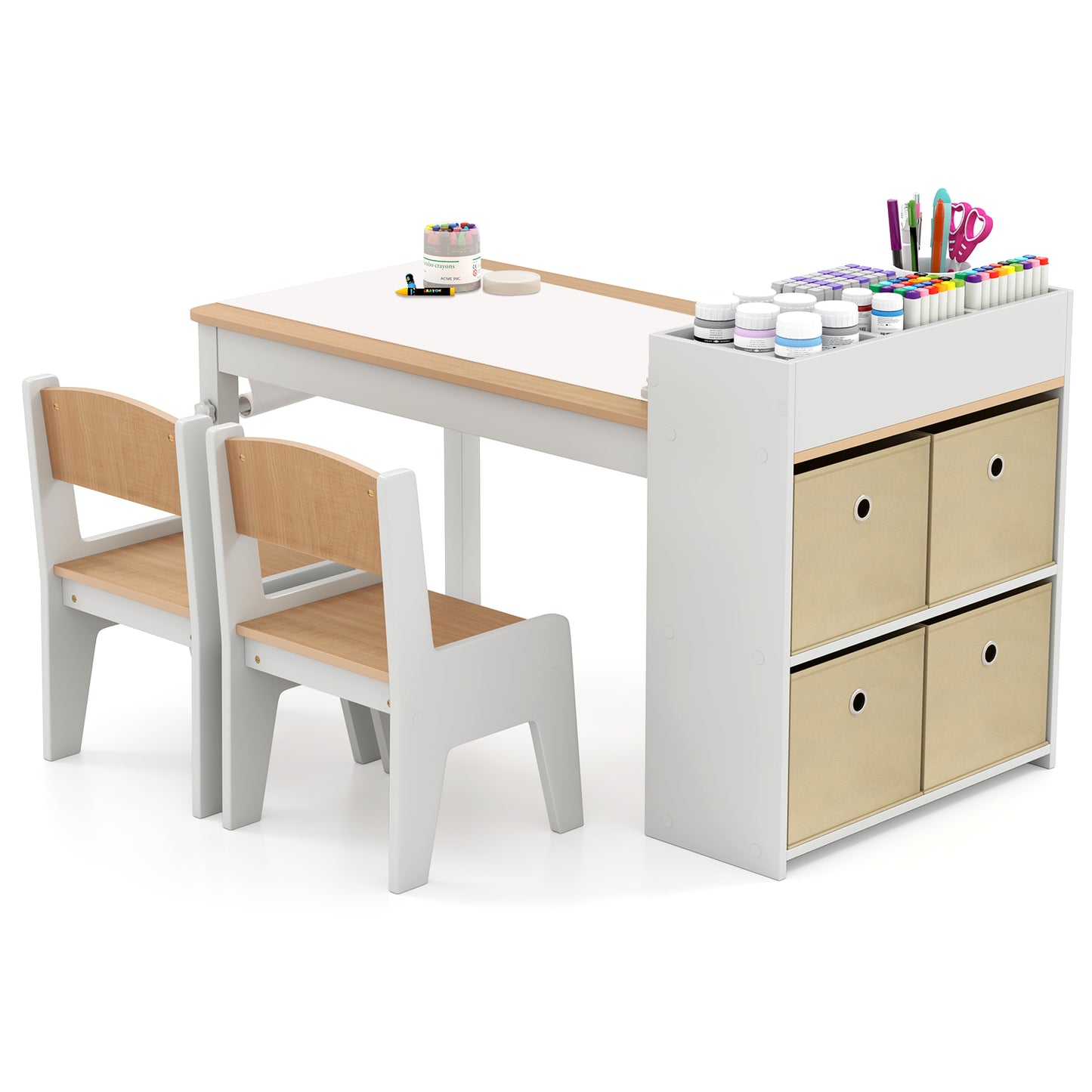 Kids Art Table and Chair Set with Paper Roll and Storage